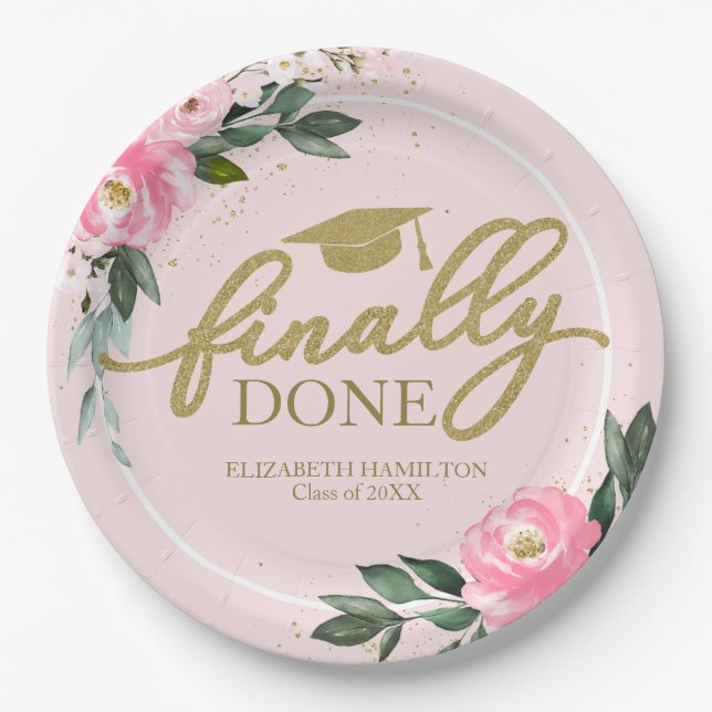 Finally Done Hot Pink Floral Graduation Party Paper Plates (Front)