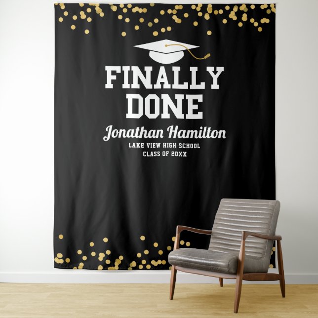 Finally Done Navy Black Graduation Party Backdrop (In Situ)