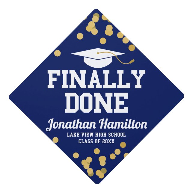 Finally Done Navy Blue Graduation Cap Topper (Front)