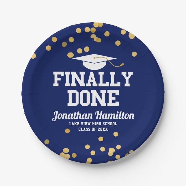 Finally Done Navy Blue Graduation Party Paper Plates (Front)