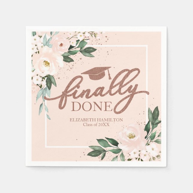 Finally Done Pink Blush Floral Graduation Party Napkins (Front)