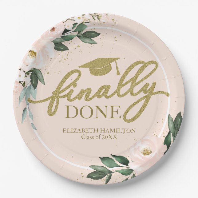 Finally Done Pink Blush Floral Graduation Party Paper Plates (Front)