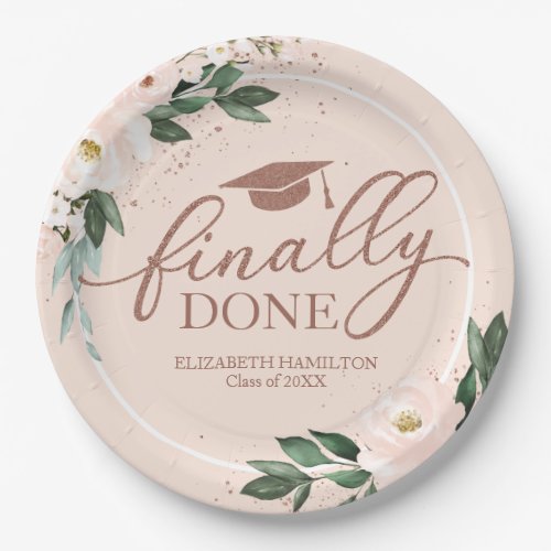 Finally Done Pink Blush Floral Graduation Party Paper Plates