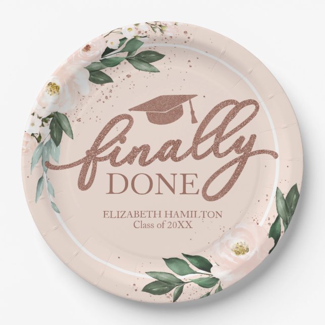 Finally Done Pink Blush Floral Graduation Party Paper Plates (Front)