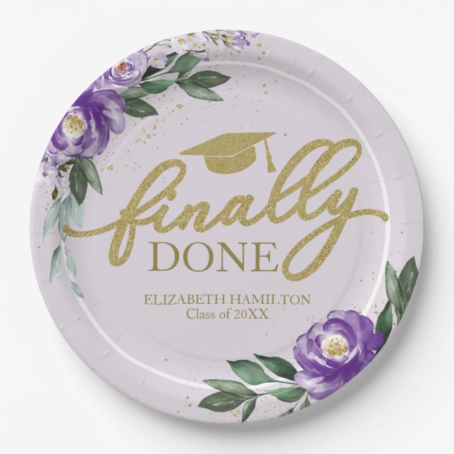 Finally Done Purple Floral Graduation Party Paper Plates (Front)
