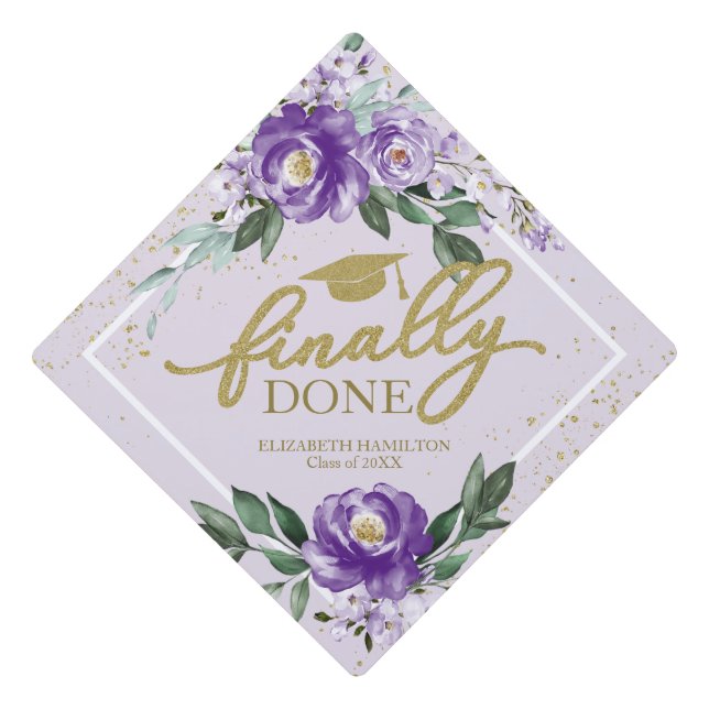Finally Done Purple Lavender Floral Bouquet Graduation Cap Topper (Front)
