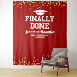 Finally Done Red Gold Graduation Party Backdrop
