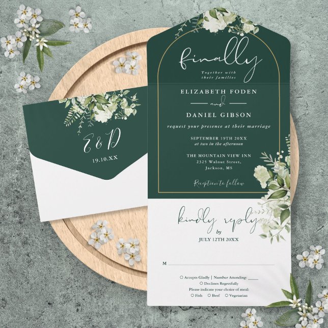 Finally Emerald Green Gold Arch Greenery Wedding All In One Invitation (Finally Emerald Green Gold Arch Greenery Wedding All In One Invitation)