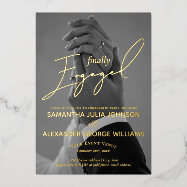 Finally Engaged Script 2 Photo Engagement Party Foil Invitation (Front)