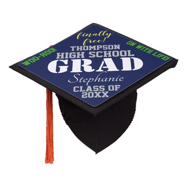 Finally Free Blue Silver  Graduation Cap Topper (Angled)