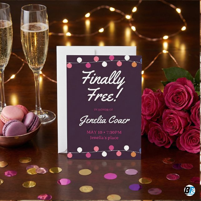 Finally Free String Lights Purple Divorce Party Invitation (Creator Uploaded)