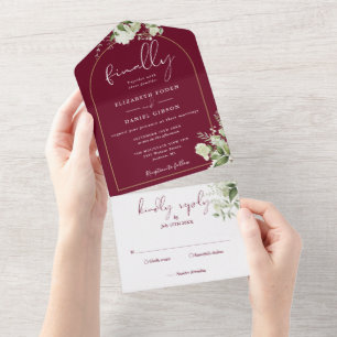 Finally Gold Arch Burgundy Greenery Wedding All In One Invitation