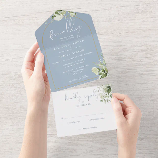 Finally Gold Arch Dusty Blue Greenery Wedding All In One Invitation ...