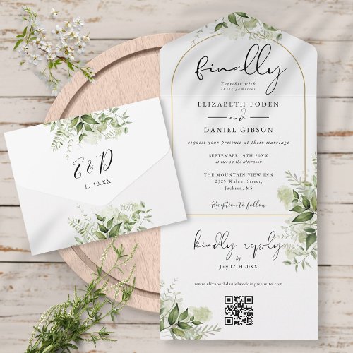 Finally Gold Arch Greenery Floral QR Code Wedding All In One Invitation