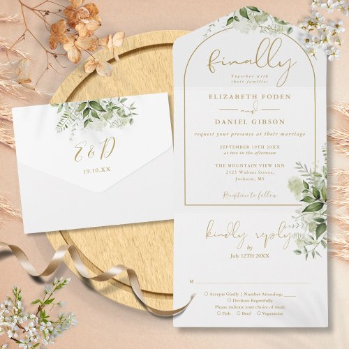 Finally Gold Arch Greenery Floral Wedding All In One Invitation