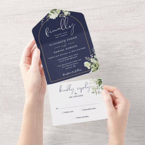 Finally Gold Arch Navy Blue Greenery Wedding All In One Invitation