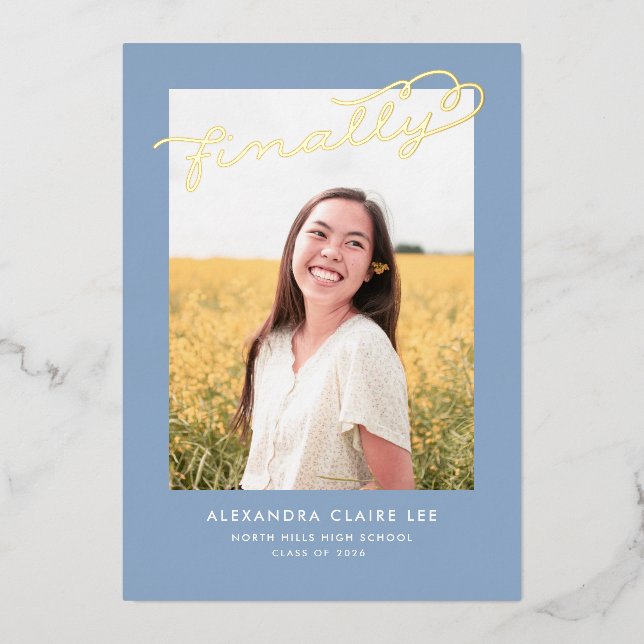 Finally Gold Foil on Blue Graduation Announcement (Front)