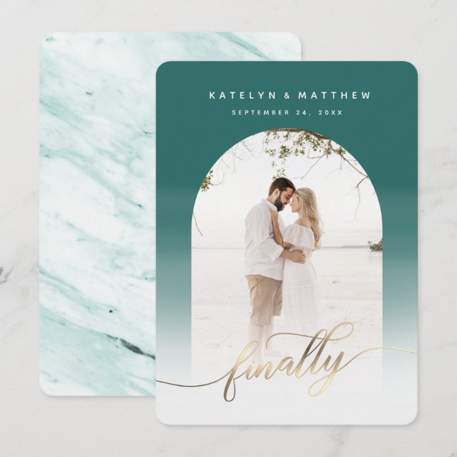 Finally Gold Script Emerald Arched Framed Photo Save The Date (Front/Back)