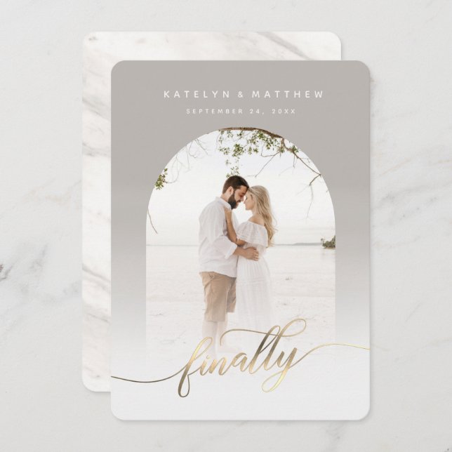 Finally Gold Script Light Gray Arch Framed Photo Save The Date (Front/Back)