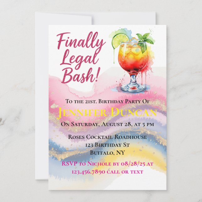 Finally Legal 21st. Birthday Bash For a Girl Invitation (Front)
