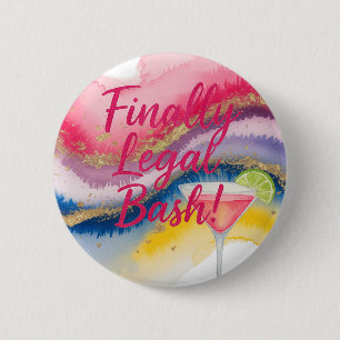 Finally Legal 21st. Watercolor Glitter Birthday Button