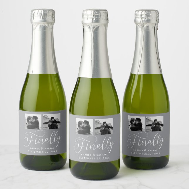Finally Minimalist Wedding 2 Photo Save the Date Sparkling Wine Label (Bottles)