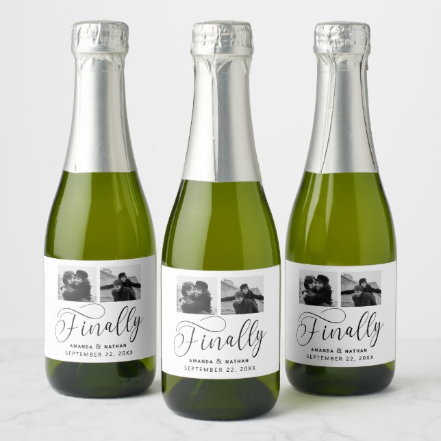 Finally Minimalist Wedding 2 Photo Save the Date Sparkling Wine Label (Bottles)