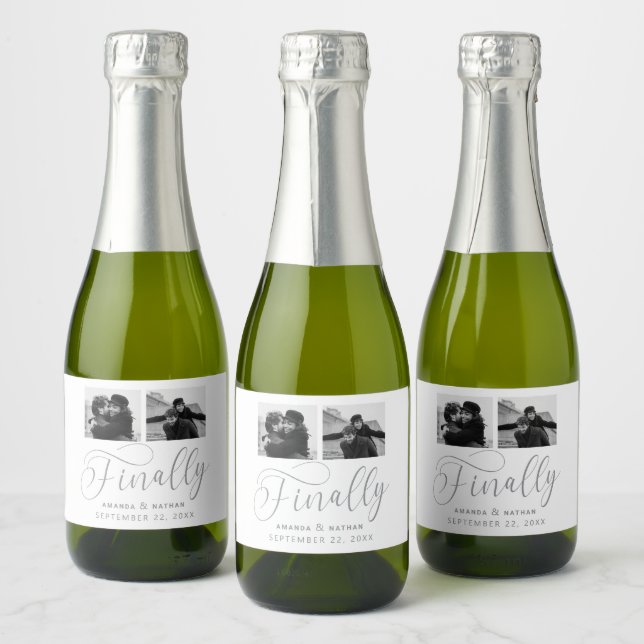 Finally Minimalist Wedding 2 Photo Save the Date Sparkling Wine Label (Bottles)