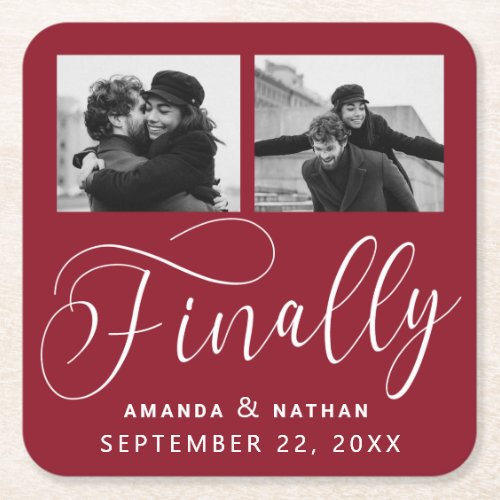 Finally Minimalist Wedding 2 Photo Save the Date Square Paper Coaster