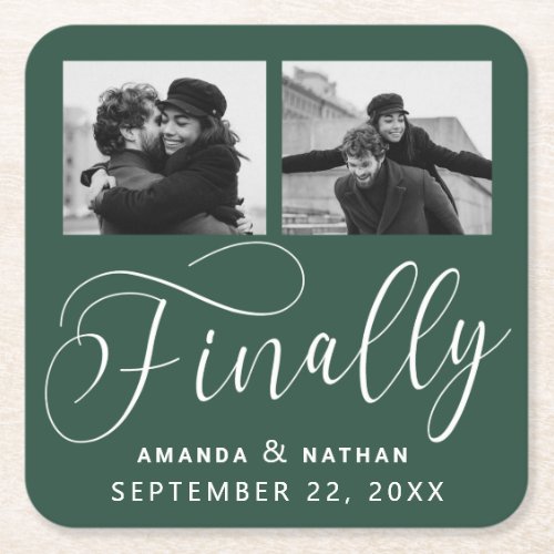 Finally Minimalist Wedding 2 Photo Save the Date Square Paper Coaster