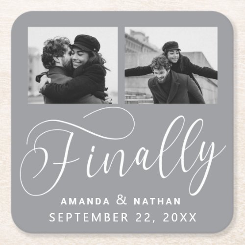 Finally Minimalist Wedding 2 Photo Save the Date Square Paper Coaster