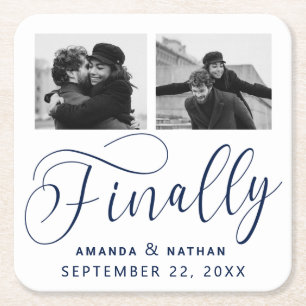 Finally Minimalist Wedding 2 Photo Save the Date Square Paper Coaster