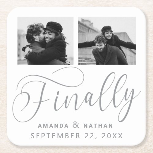 Finally Minimalist Wedding 2 Photo Save the Date Square Paper Coaster