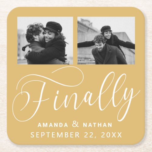 Finally Minimalist Wedding 2 Photo Save the Date Square Paper Coaster
