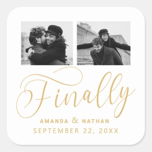 Finally Minimalist Wedding 2 Photo Save the Date Square Sticker