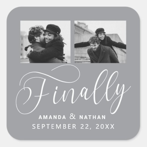 Finally Minimalist Wedding 2 Photo Save the Date Square Sticker