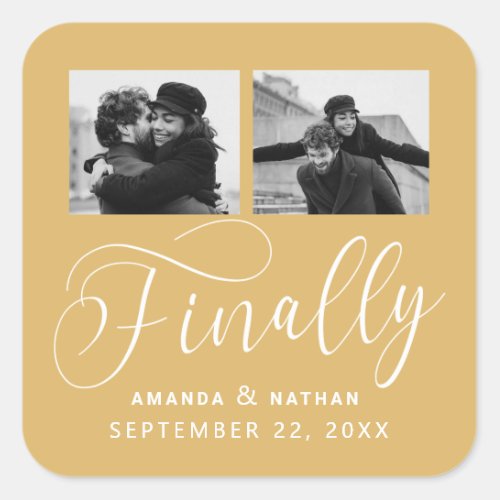 Finally Minimalist Wedding 2 Photo Save the Date Square Sticker