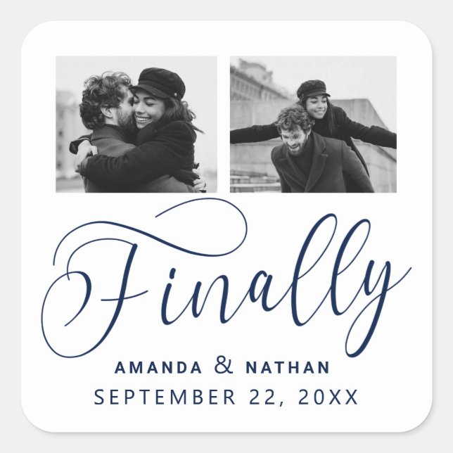 Finally Minimalist Wedding 2 Photo Save the Date Square Sticker (Front)