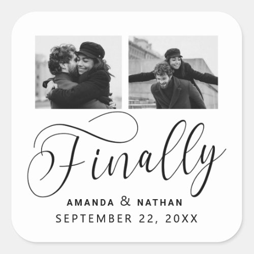 Finally Minimalist Wedding 2 Photo Save the Date Square Sticker