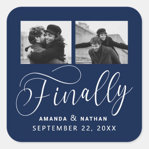 Finally Minimalist Wedding 2 Photo Save the Date Square Sticker