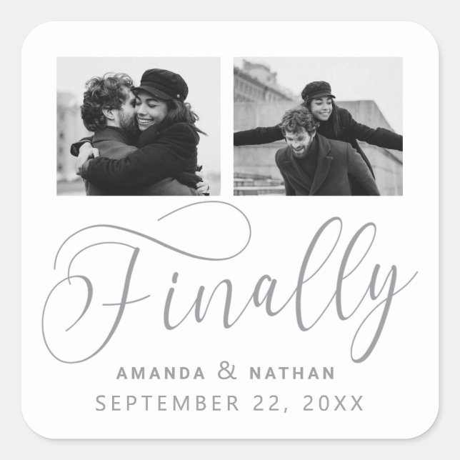 Finally Minimalist Wedding 2 Photo Save the Date Square Sticker (Front)