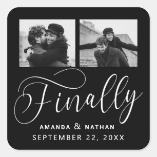 Finally Minimalist Wedding 2 Photo Save the Date Square Sticker