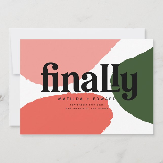 Finally modern abstract graphic red, pink + green announcement (Front)