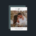 Finally! | Modern Gold Square Photo Elegant Fun Sa Save The Date<br><div class="desc">Share the wonderful news of your engagement with these fun, modern printed gold frame Save the Date cards featuring your favorite square photo along with a big bold FINALLY! in beautiful hand lettered script calligraphy. Personalize with two lines of custom text along the bottom for additional details, like the date...</div>