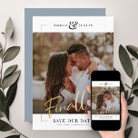 Finally! | Modern Gold Square Photo Elegant Fun Save The Date<br><div class="desc">Share the wonderful news of your engagement with these fun, modern printed gold frame Save the Date cards featuring your favorite square photo along with a big bold FINALLY! in beautiful hand lettered script calligraphy. Personalize with two lines of custom text along the bottom for additional details, like the date...</div>