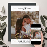 Finally! | Modern Gold Square Photo Elegant Fun Save The Date<br><div class="desc">Share the wonderful news of your engagement with these fun, modern printed gold frame Save the Date cards featuring your favorite square photo along with a big bold FINALLY! in beautiful hand lettered script calligraphy. Personalize with two lines of custom text along the bottom for additional details, like the date...</div>