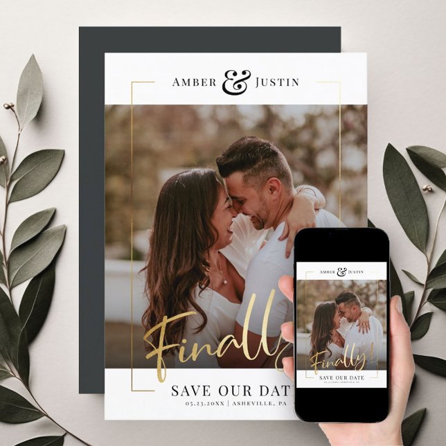 Finally! | Modern Gold Square Photo Elegant Fun Save The Date (Creator Uploaded)