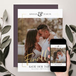 Finally! | Modern Gold Square Photo Elegant Fun Save The Date<br><div class="desc">Share the wonderful news of your engagement with these fun, modern printed gold frame Save the Date cards featuring your favorite square photo along with a big bold FINALLY! in beautiful hand lettered script calligraphy. Personalize with two lines of custom text along the bottom for additional details, like the date...</div>