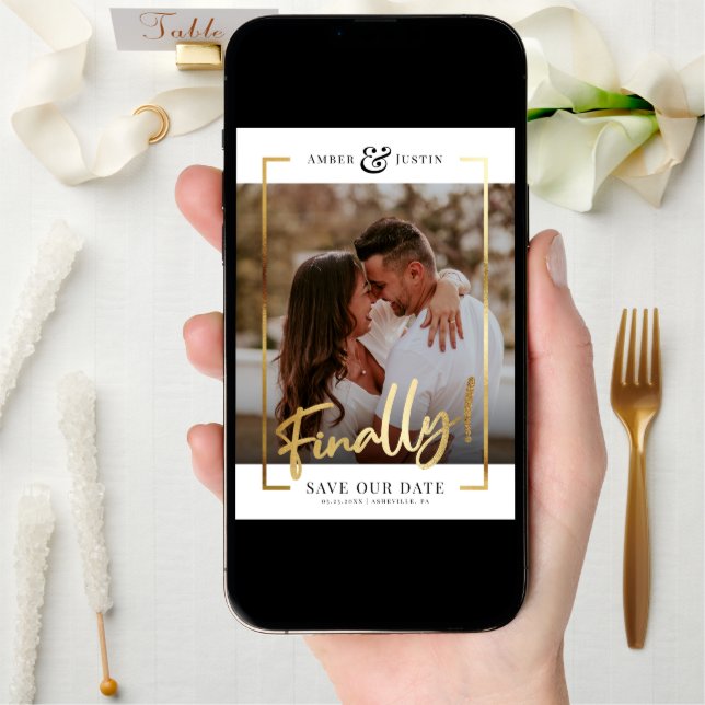 Finally! | Modern Gold Square Photo Elegant Fun Save The Date (Front Digital)