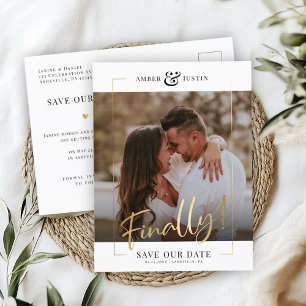 Finally! Modern Gold Square Photo Elegant Save Announcement Postcard